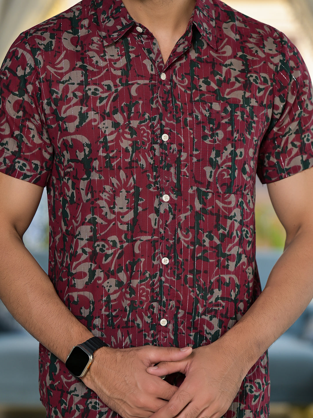 Burgundy Ethnic print Lurex shirt - Elganza