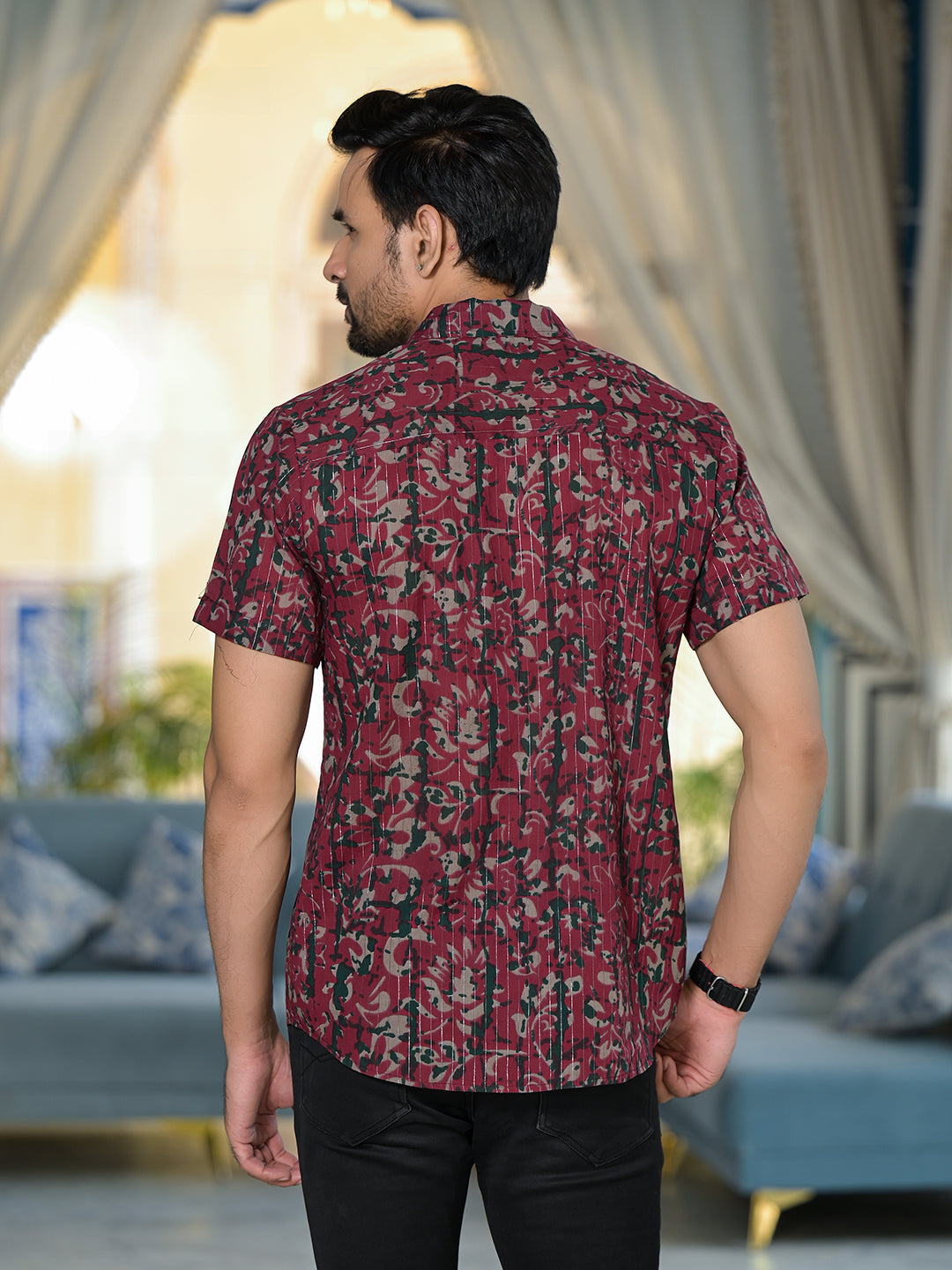 Burgundy Ethnic print Lurex shirt - Elganza