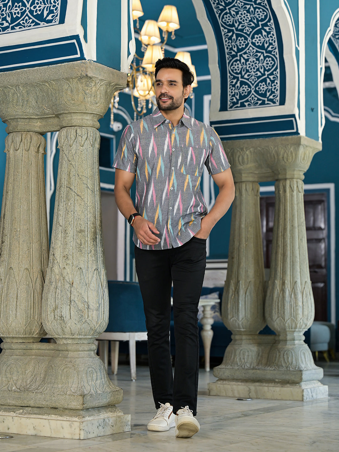 Ikat Woven Grey Shirt - Elganza