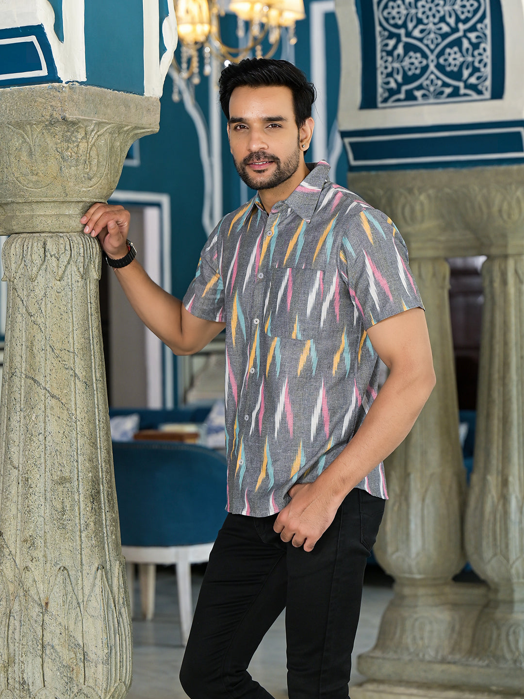 Ikat Woven Grey Shirt - Elganza