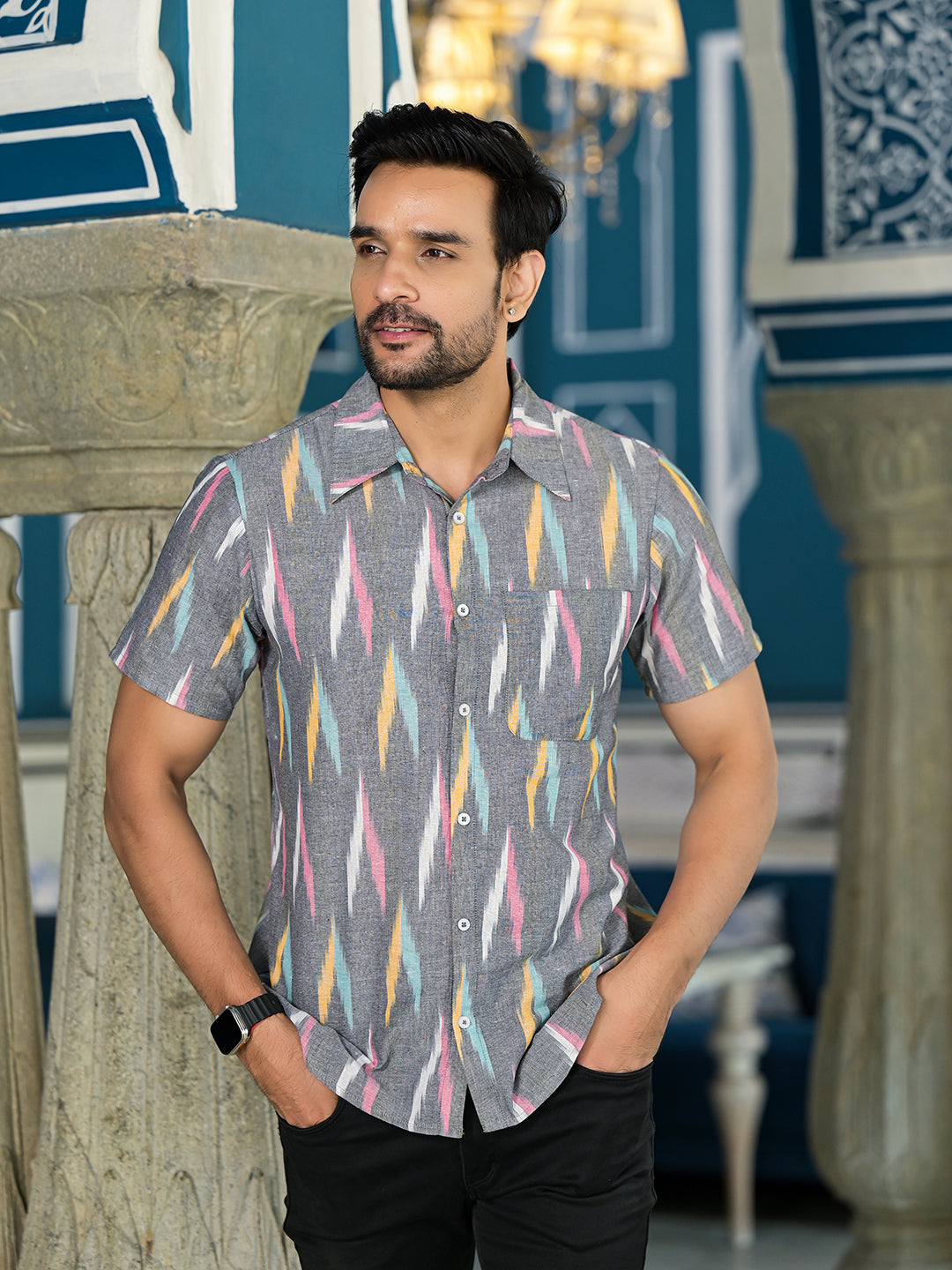 Ikat Woven Grey Shirt - Elganza