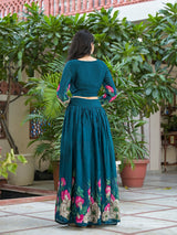 Indigo Blue Floral Print Lehenga Choli With Dupatta - Elganza