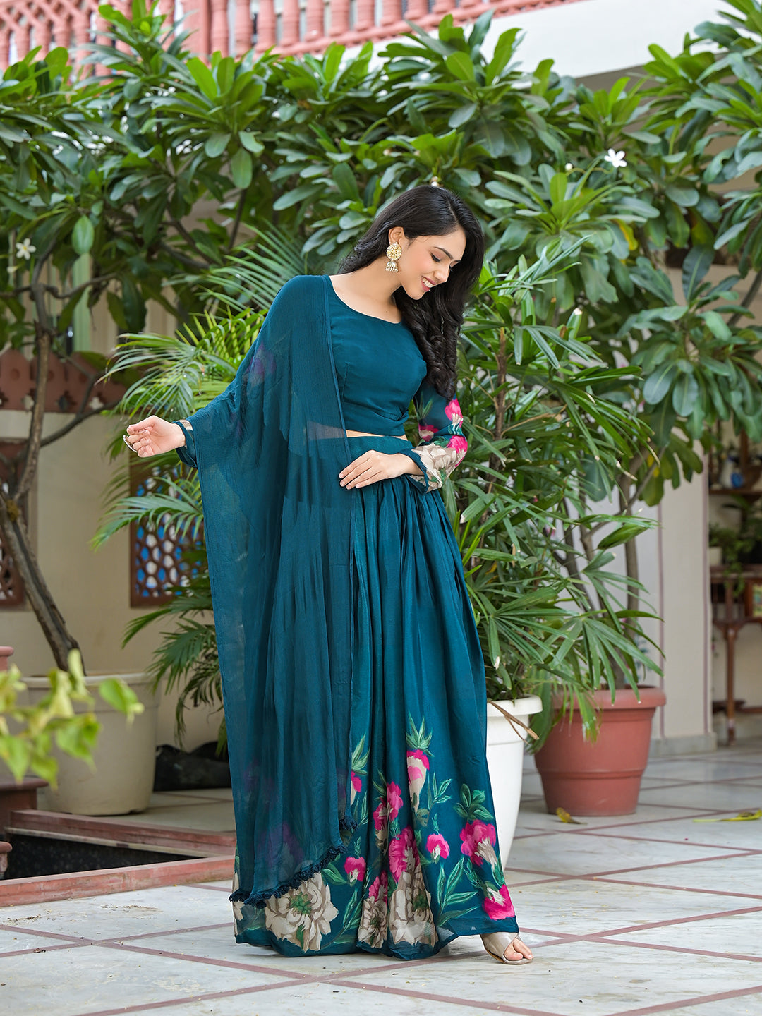 Indigo Blue Floral Print Lehenga Choli With Dupatta - Elganza