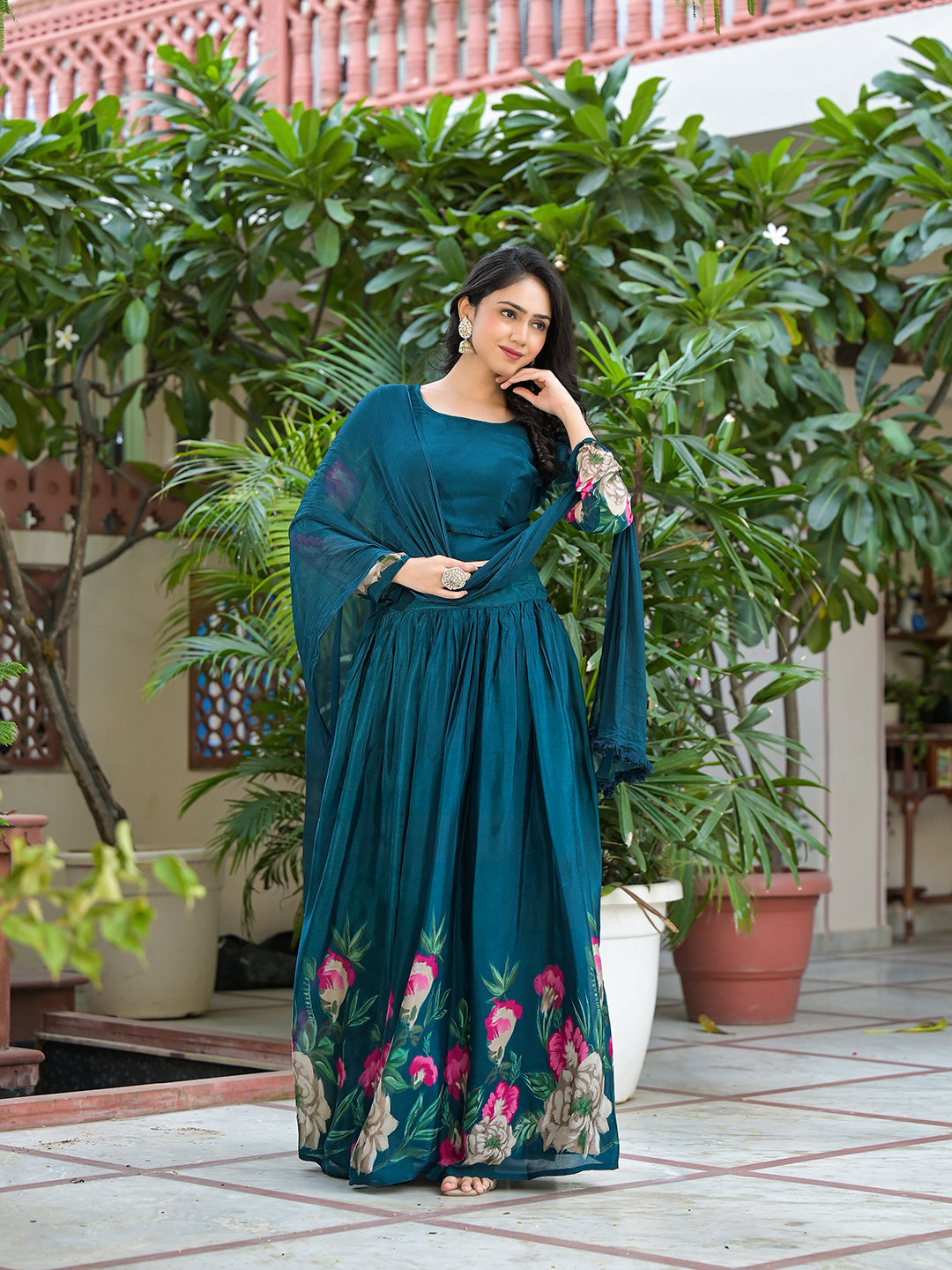 Indigo Blue Floral Print Lehenga Choli With Dupatta - Elganza