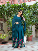 Indigo Blue Floral Print Lehenga Choli With Dupatta - Elganza