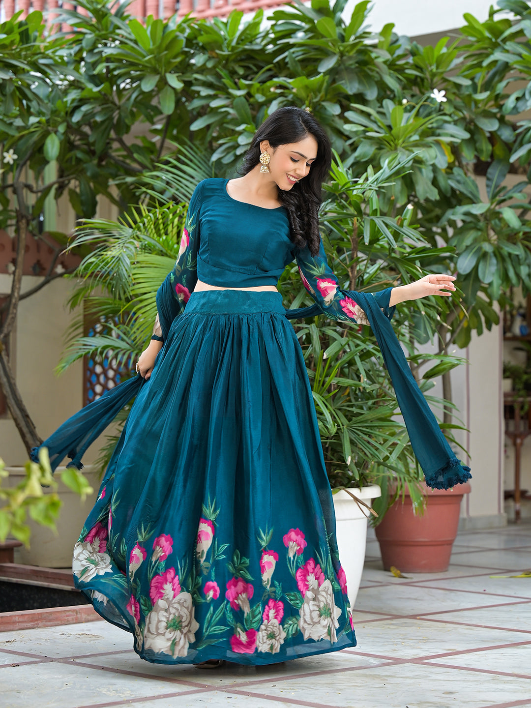 Indigo Blue Floral Print Lehenga Choli With Dupatta - Elganza