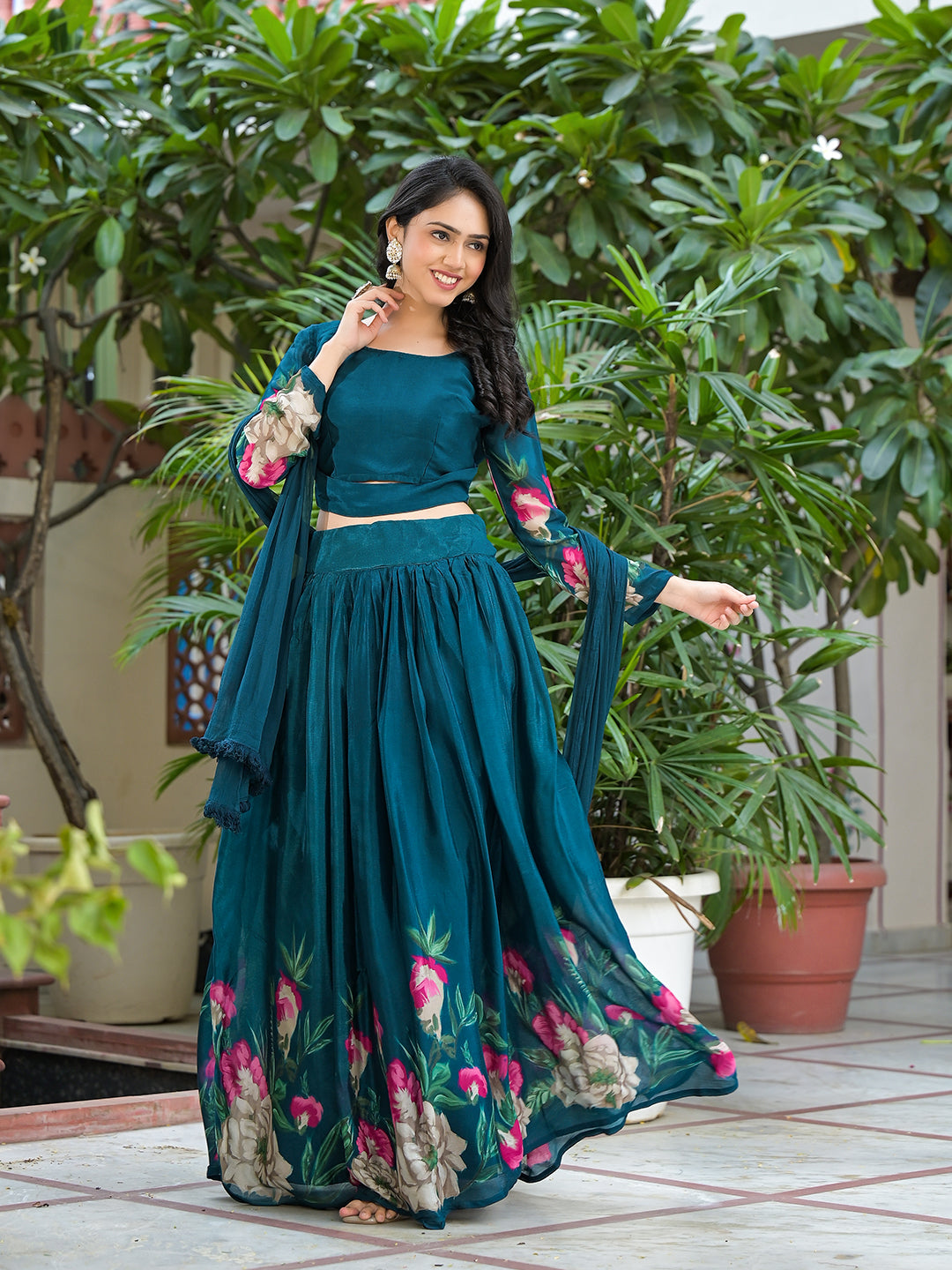 Indigo Blue Floral Print Lehenga Choli With Dupatta - Elganza