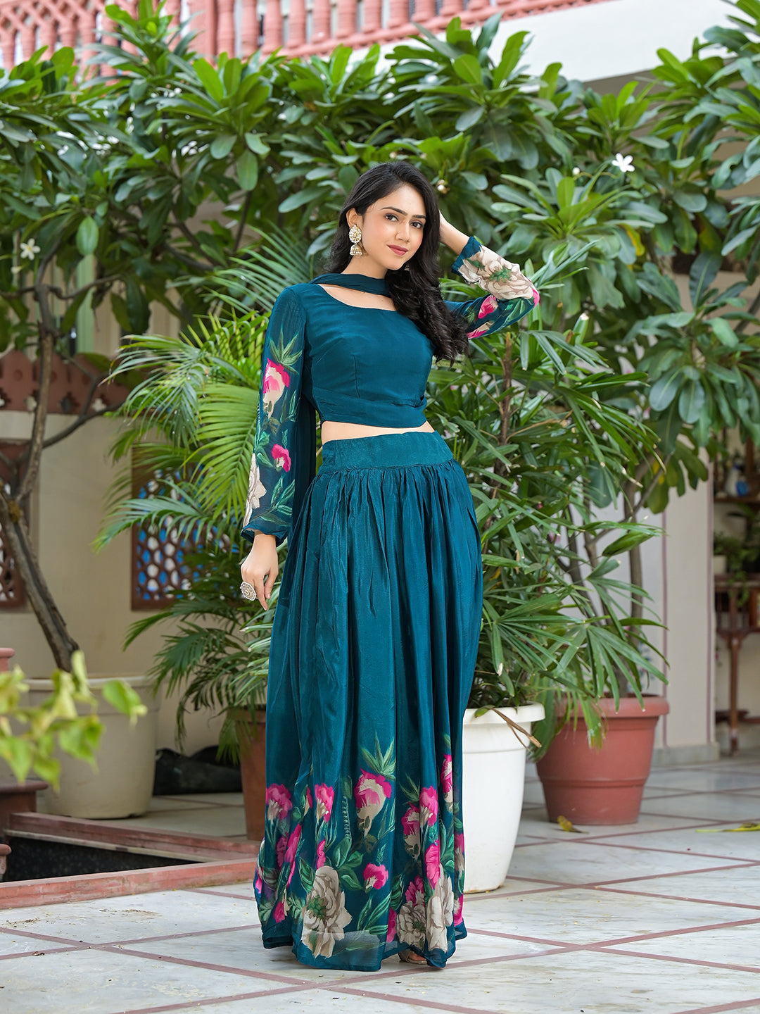 Indigo Blue Floral Print Lehenga Choli With Dupatta - Elganza