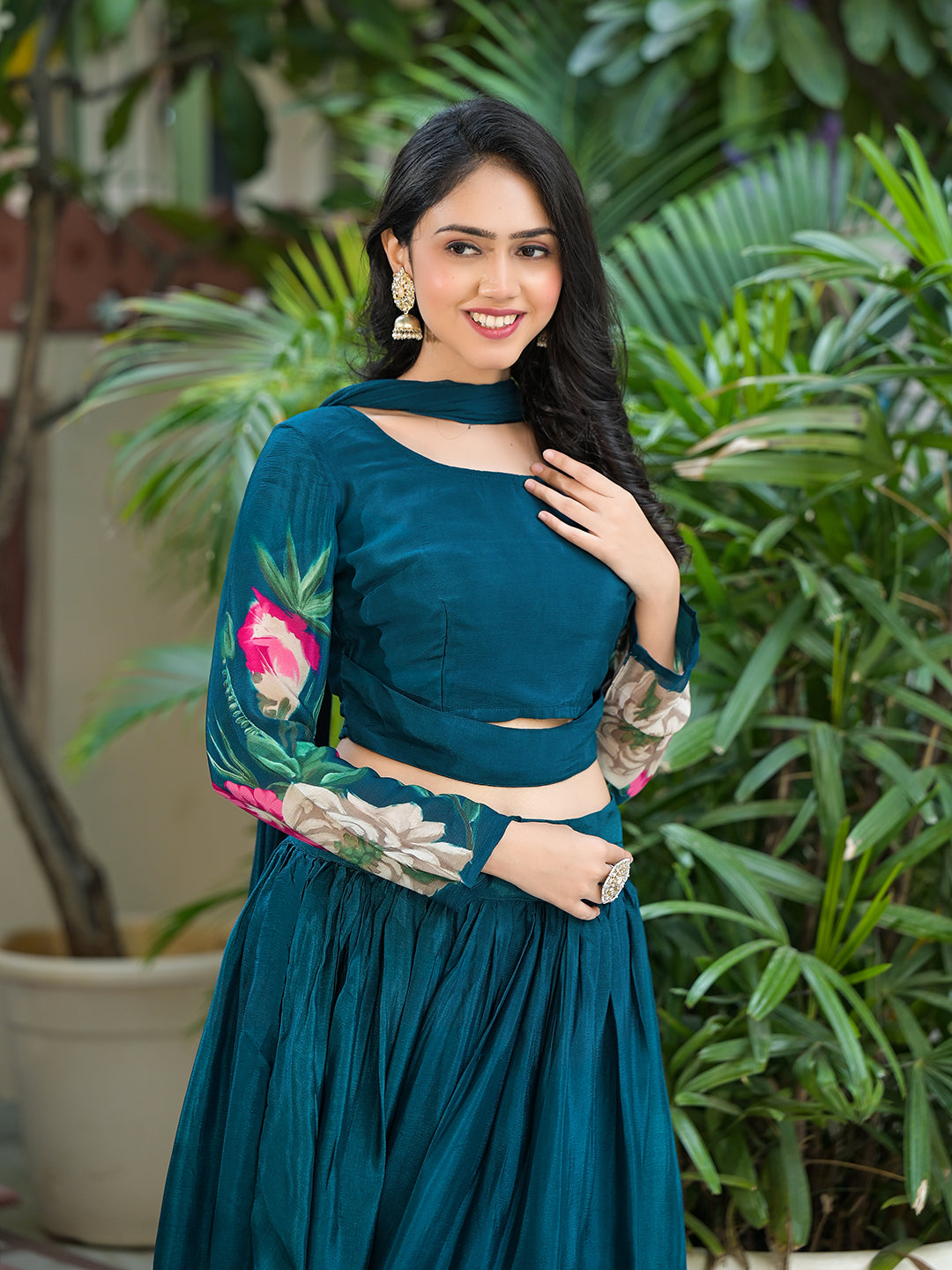 Indigo Blue Floral Print Lehenga Choli With Dupatta - Elganza