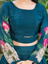 Indigo Blue Floral Print Lehenga Choli With Dupatta - Elganza