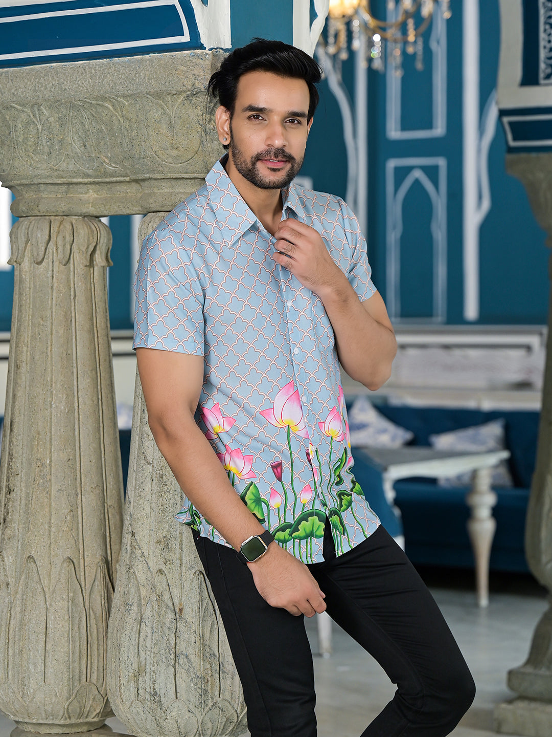 Powder Blue Pichwai Art Shirt - Elganza