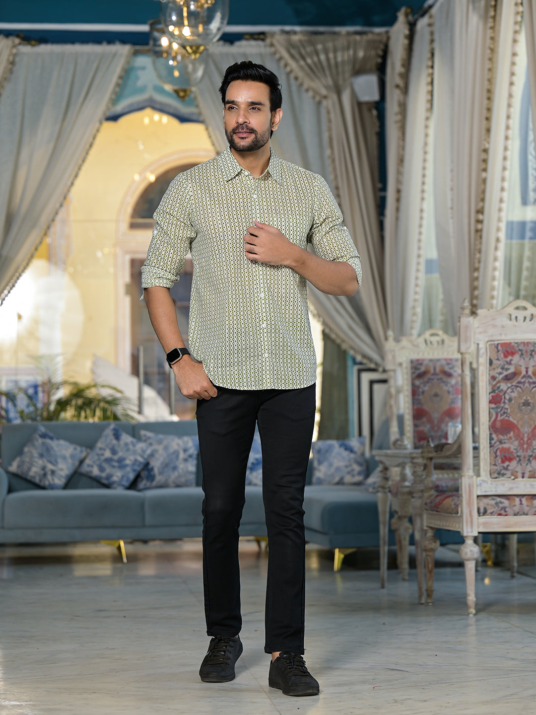 Green & Cream geometric print shirt - Elganza