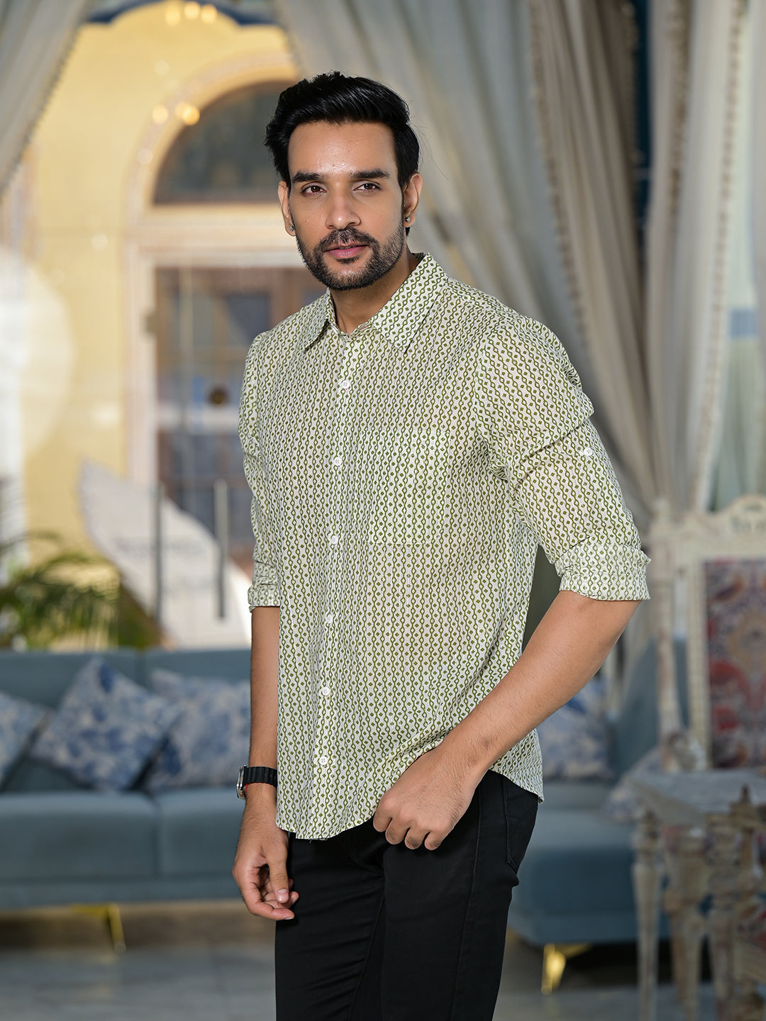 Green & Cream geometric print shirt - Elganza