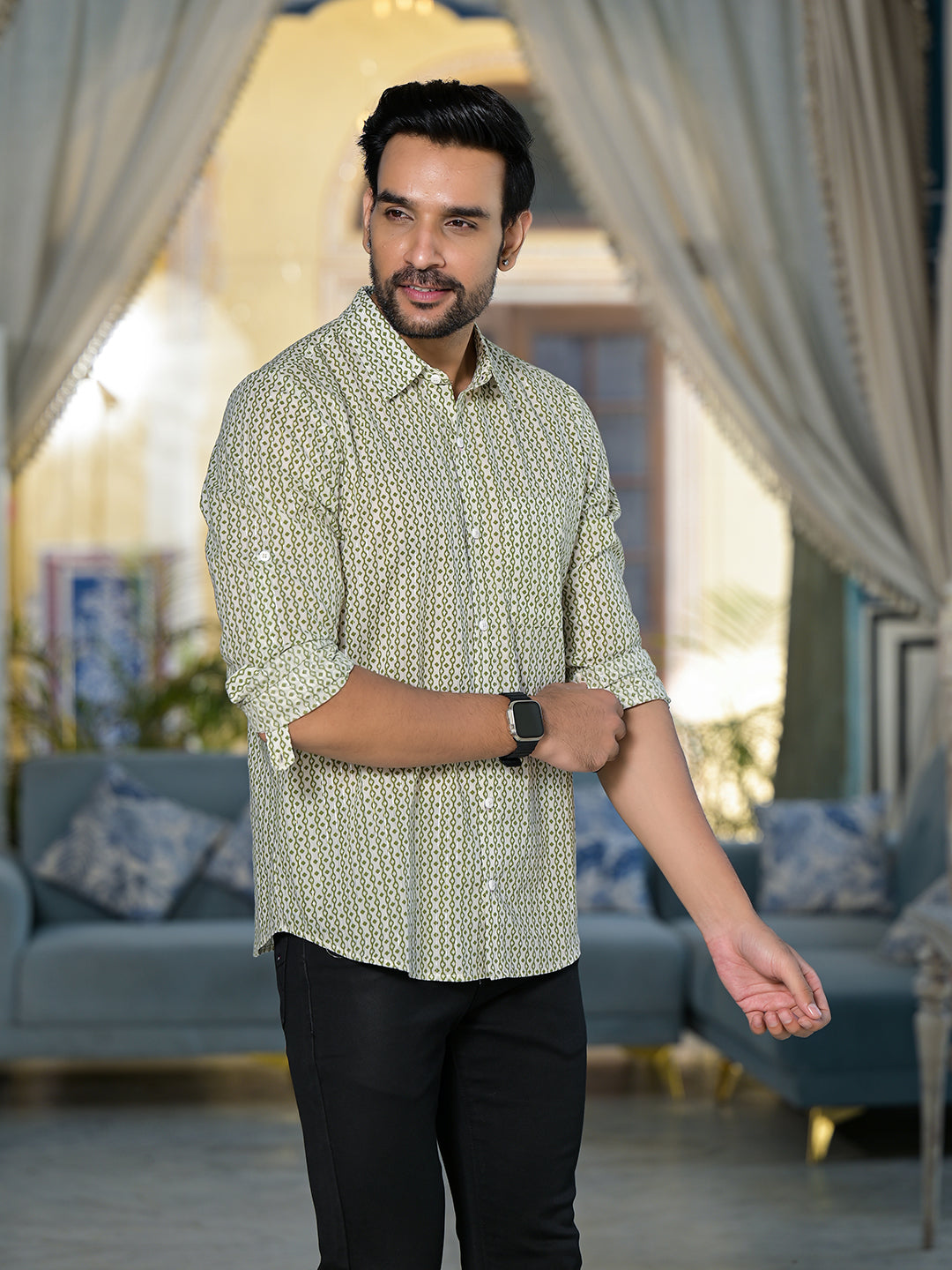 Green & Cream geometric print shirt - Elganza