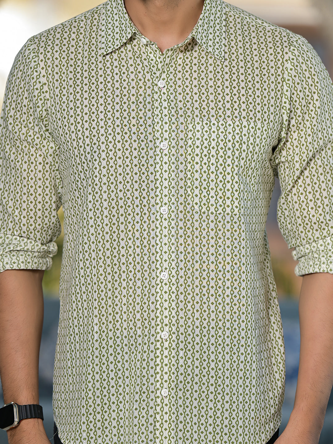 Green & Cream geometric print shirt - Elganza