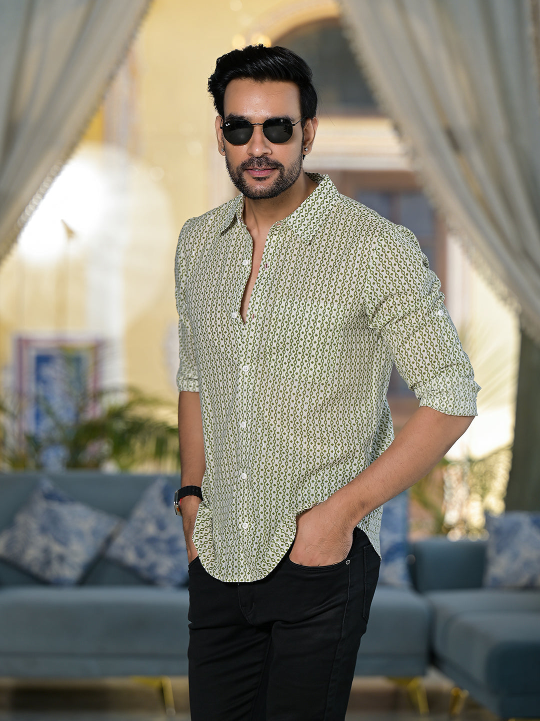 Green & Cream geometric print shirt - Elganza