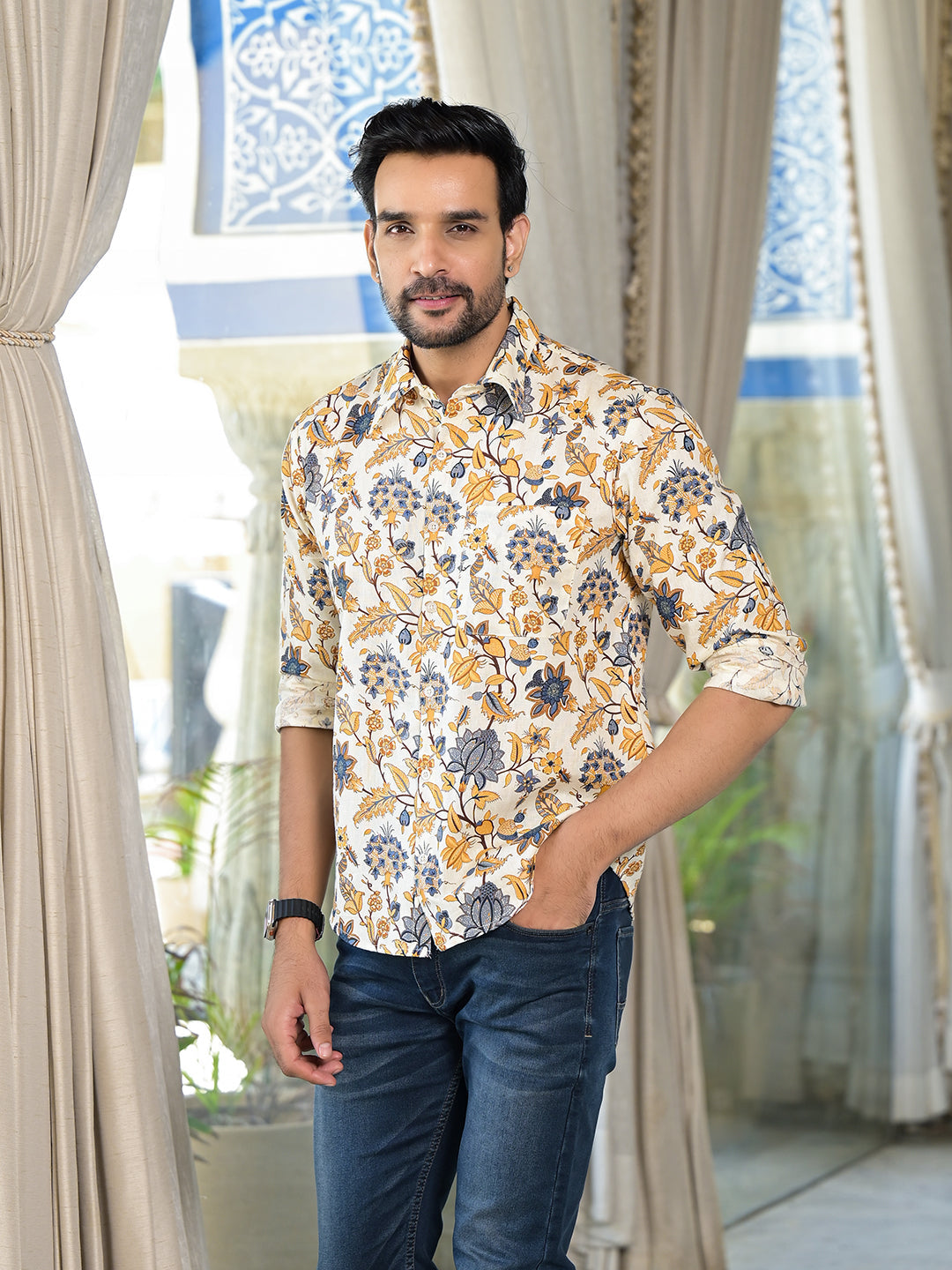 Cream Floral Print Shirt - Elganza