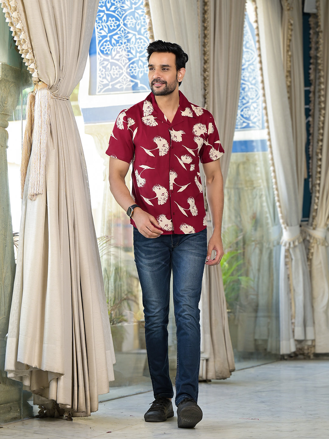 Maroon Floral Printed Shirt - Elganza