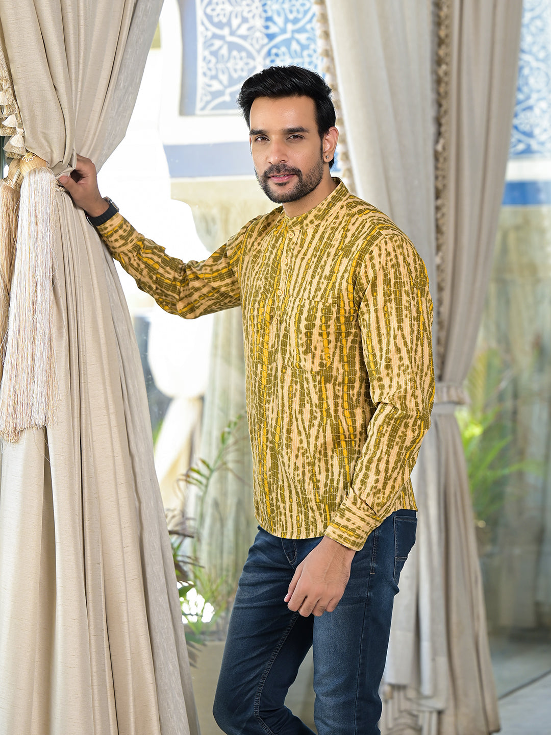 Mustard & Olive Shibori Print Kantha Shirt - Elganza