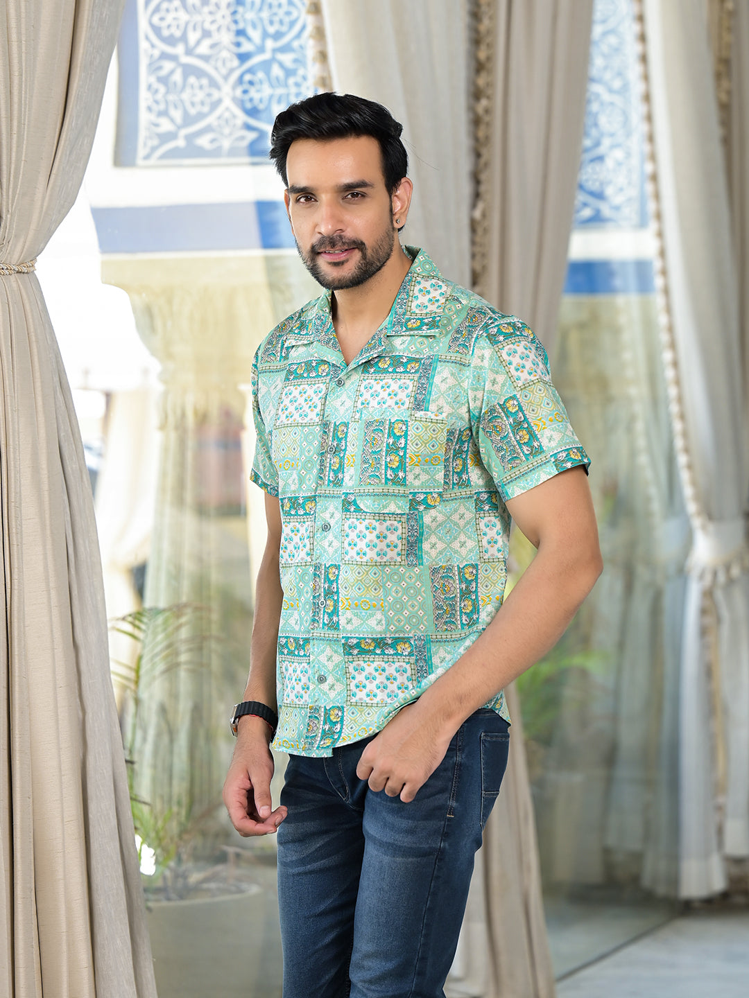 Blue patchwork printed Shirt - Elganza