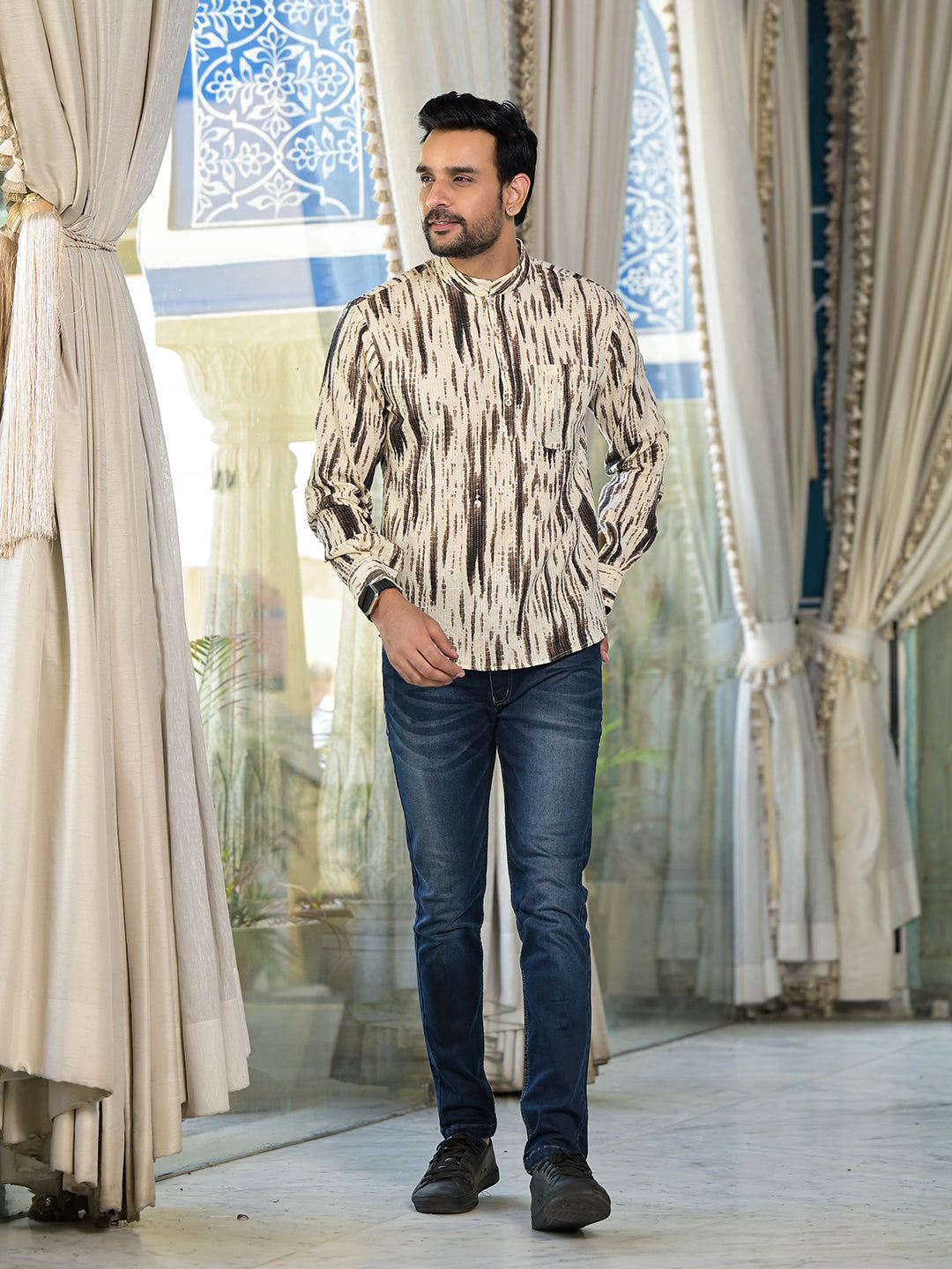 Cream & Grey Shibori print Kantha Shirt - Elganza