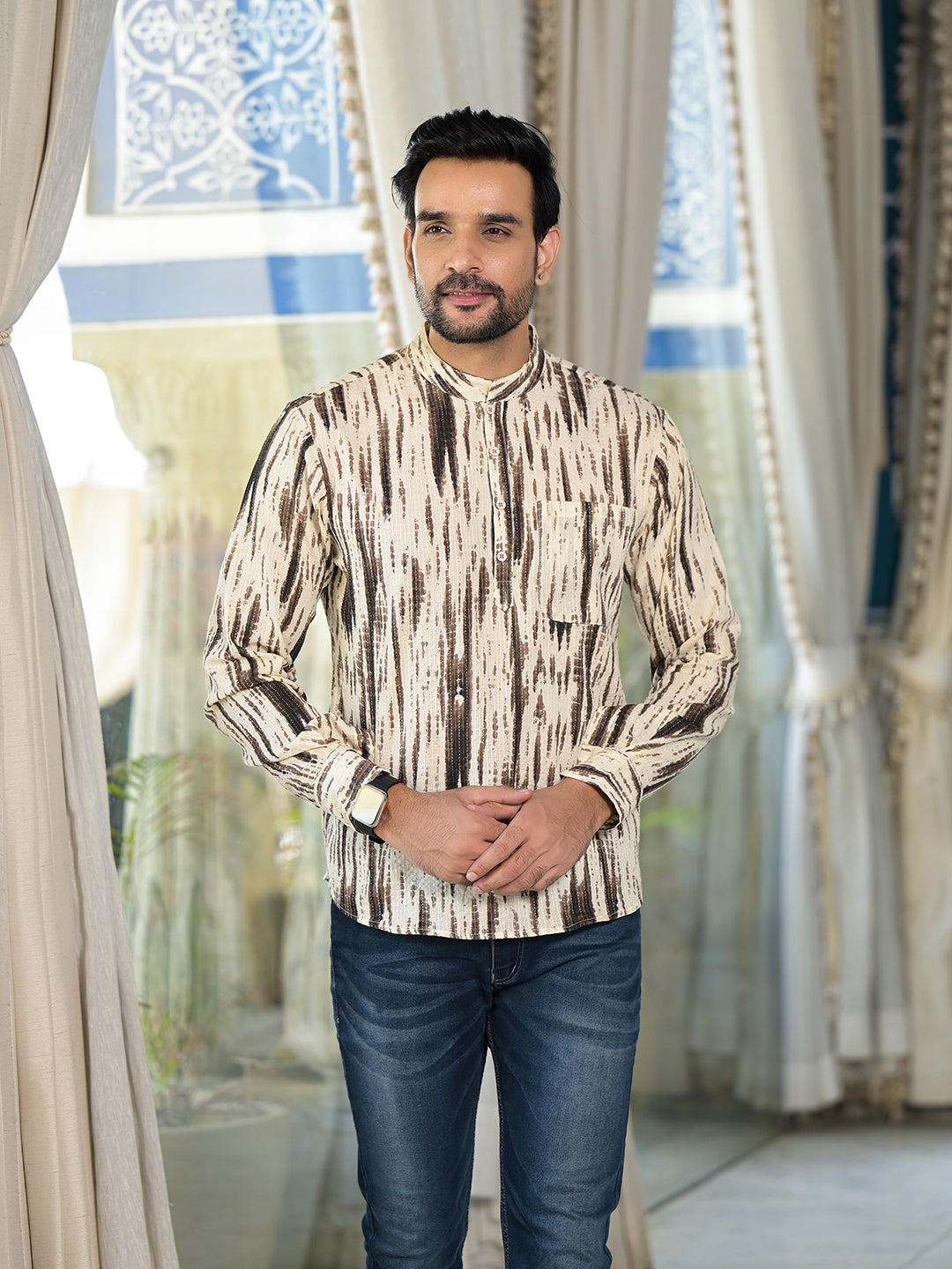 Cream & Grey Shibori print Kantha Shirt - Elganza