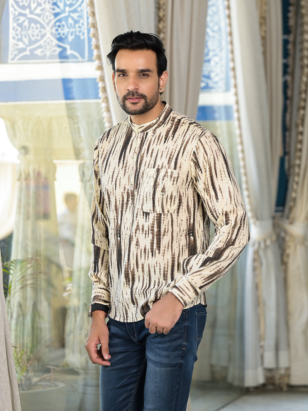Cream & Grey Shibori print Kantha Shirt - Elganza
