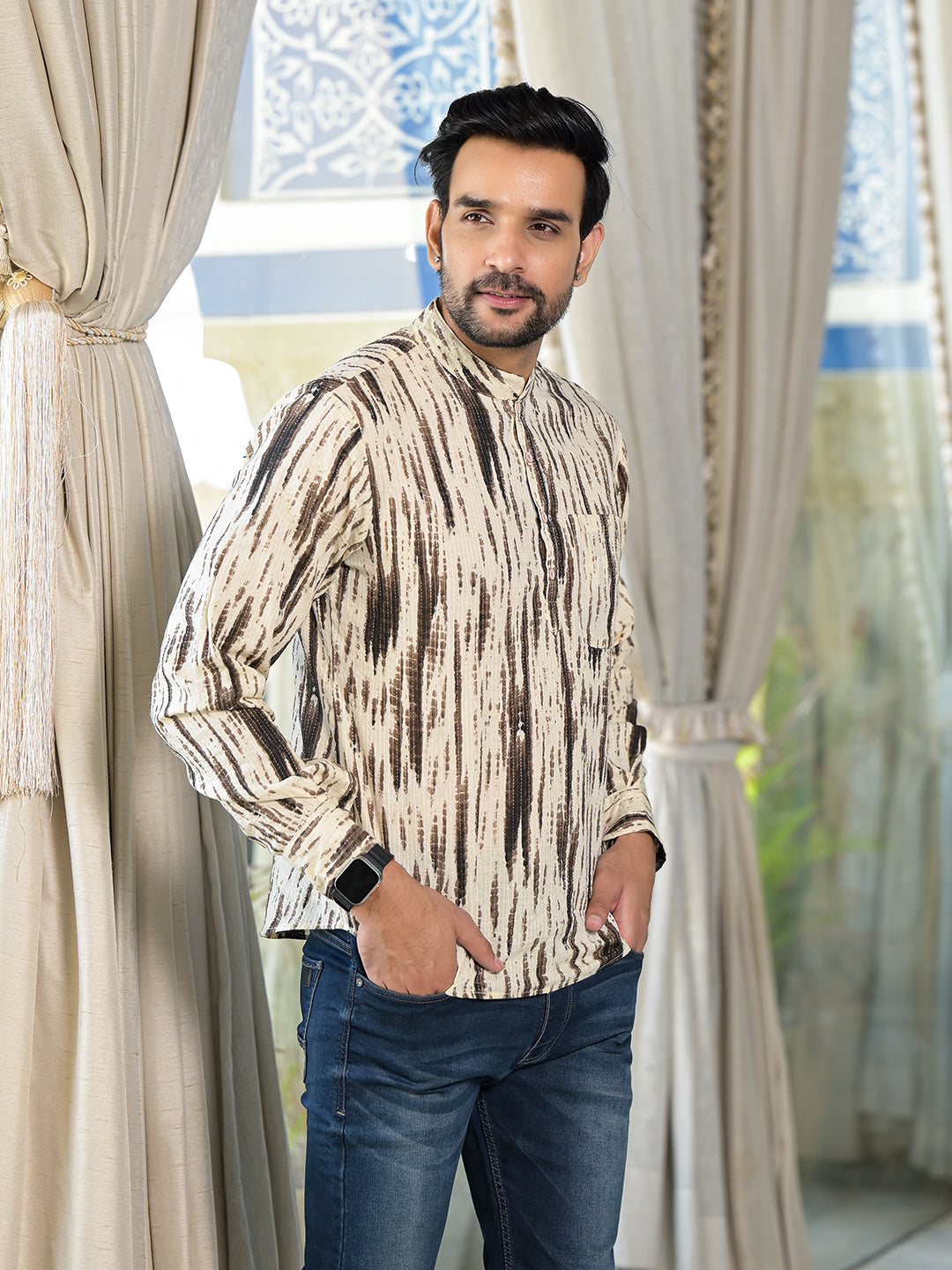 Cream & Grey Shibori print Kantha Shirt - Elganza