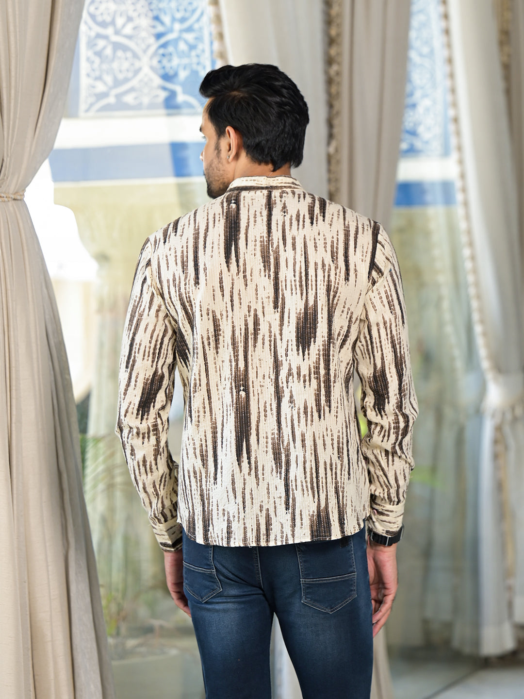 Cream & Grey Shibori print Kantha Shirt - Elganza