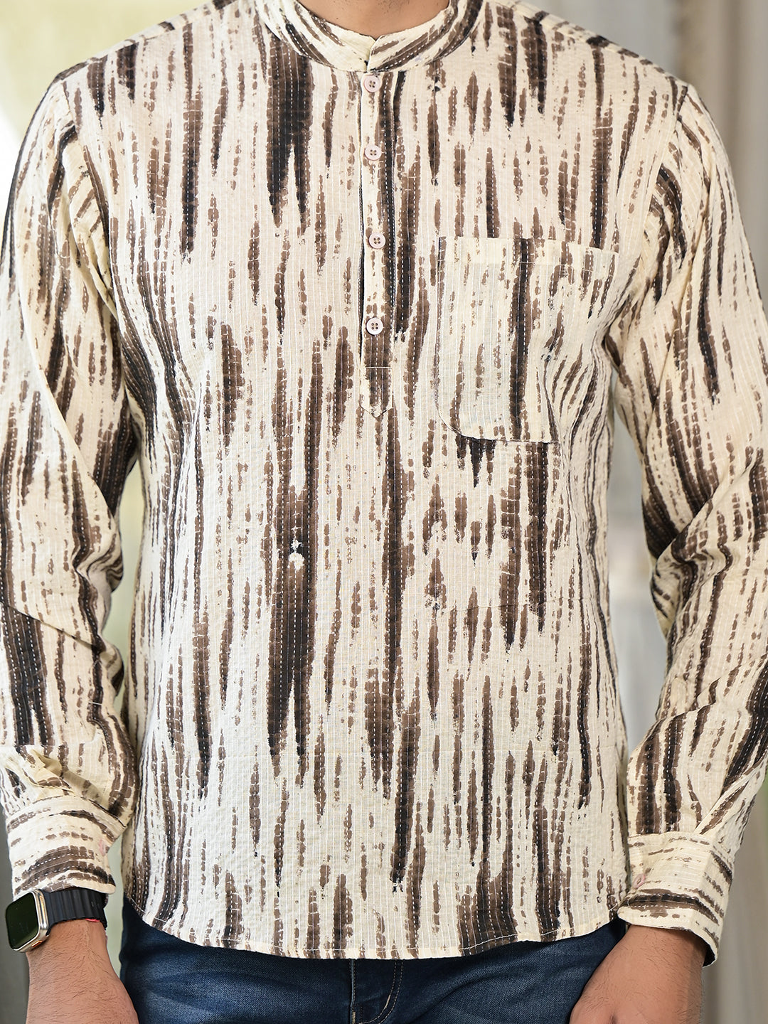 Cream & Grey Shibori print Kantha Shirt - Elganza