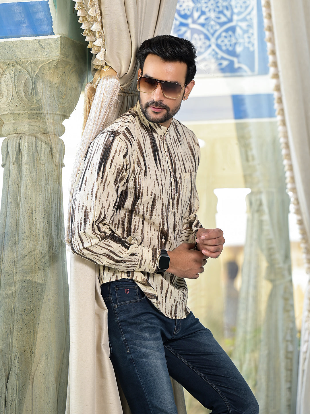 Cream & Grey Shibori print Kantha Shirt - Elganza