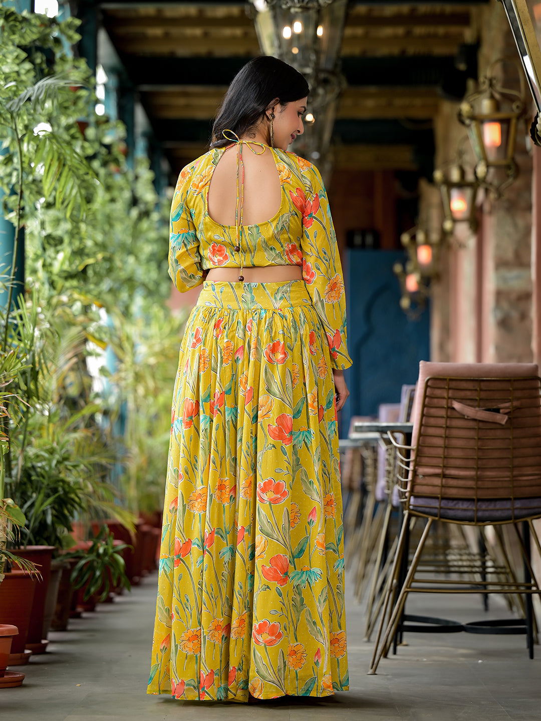 Mustard Floral Print Chinnon Lehenga Choli With Dupatta - Elganza