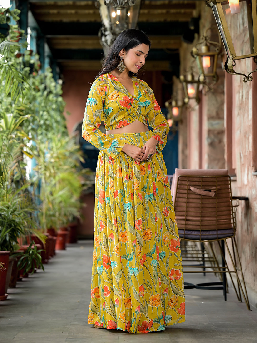 Mustard Floral Print Chinnon Lehenga Choli With Dupatta - Elganza