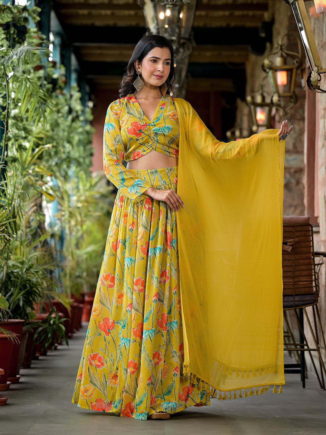 Mustard Floral Print Chinnon Lehenga Choli With Dupatta - Elganza