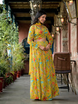 Mustard Floral Print Chinnon Lehenga Choli With Dupatta - Elganza