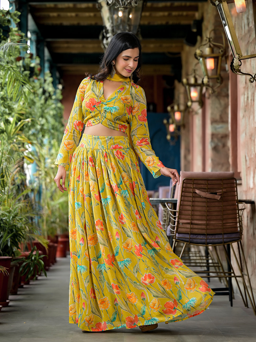 Mustard Floral Print Chinnon Lehenga Choli With Dupatta - Elganza