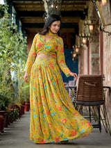 Mustard Floral Print Chinnon Lehenga Choli With Dupatta - Elganza