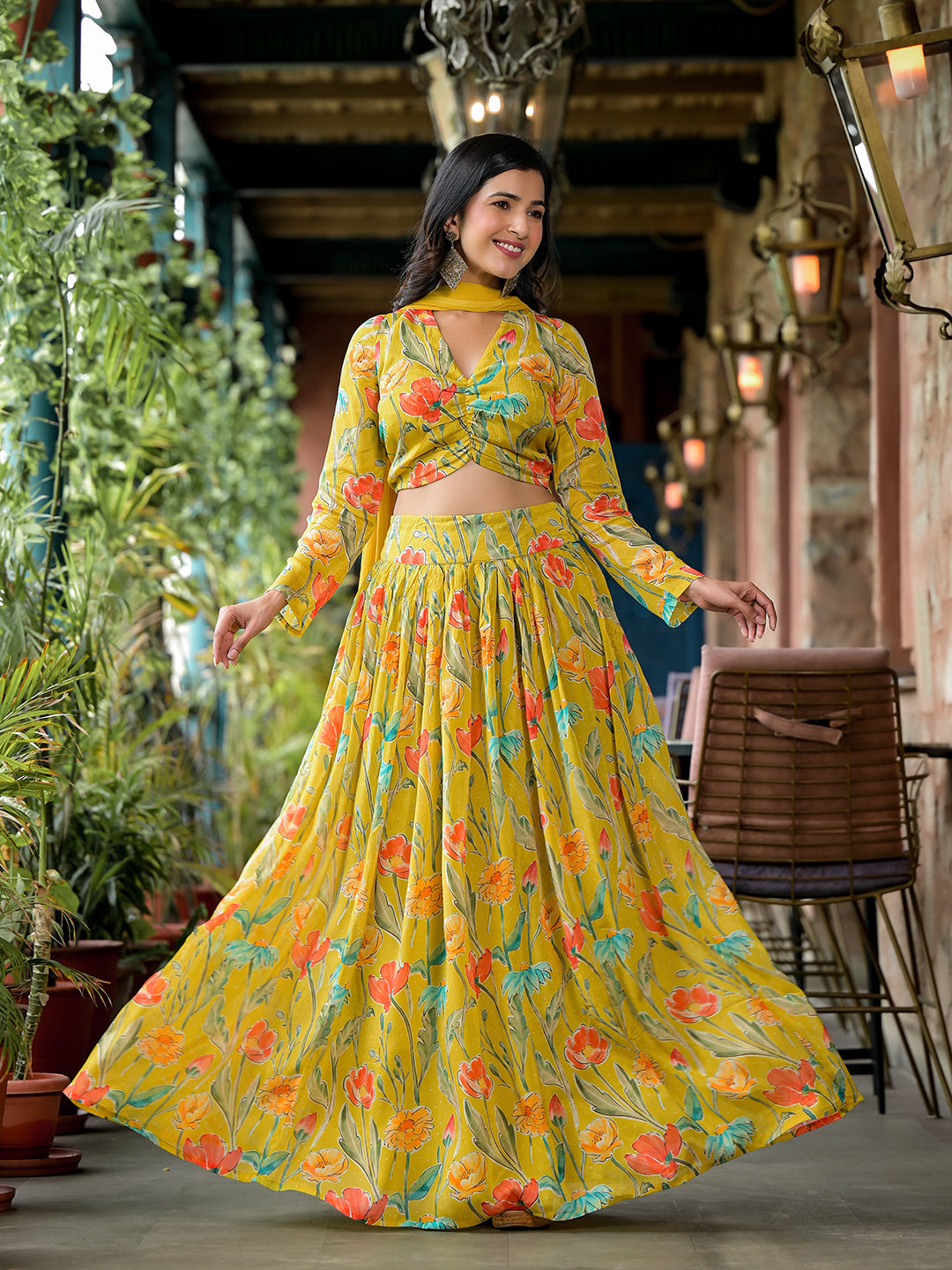 Mustard Floral Print Chinnon Lehenga Choli With Dupatta - Elganza