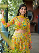 Mustard Floral Print Chinnon Lehenga Choli With Dupatta - Elganza