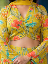 Mustard Floral Print Chinnon Lehenga Choli With Dupatta - Elganza