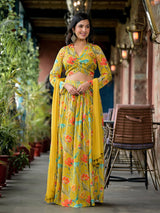 Mustard Floral Print Chinnon Lehenga Choli With Dupatta - Elganza