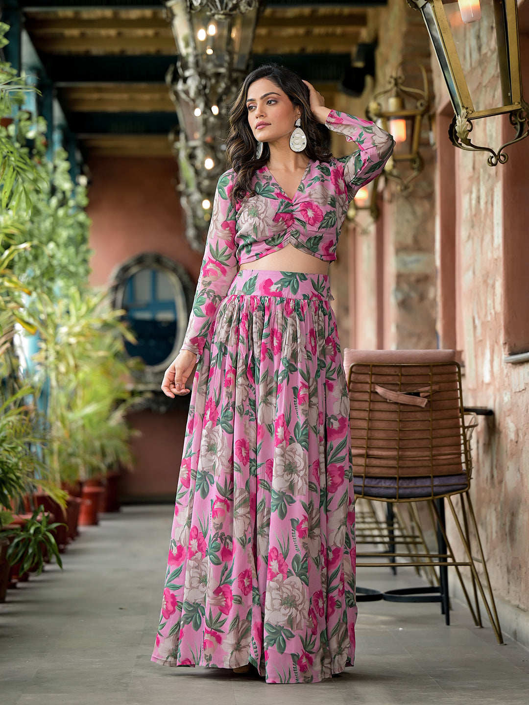Blush Pink Floral Print Chinnon Lehenga Choli With Dupatta - Elganza