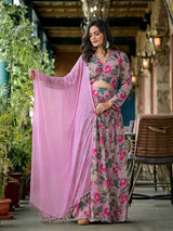 Blush Pink Floral Print Chinnon Lehenga Choli With Dupatta - Elganza