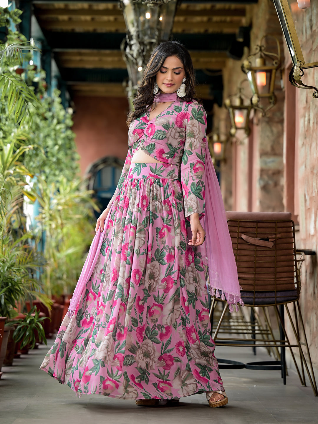 Blush Pink Floral Print Chinnon Lehenga Choli With Dupatta - Elganza