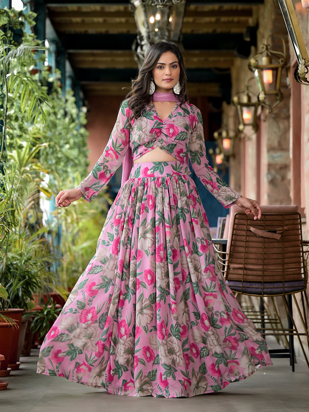 Blush Pink Floral Print Chinnon Lehenga Choli With Dupatta - Elganza