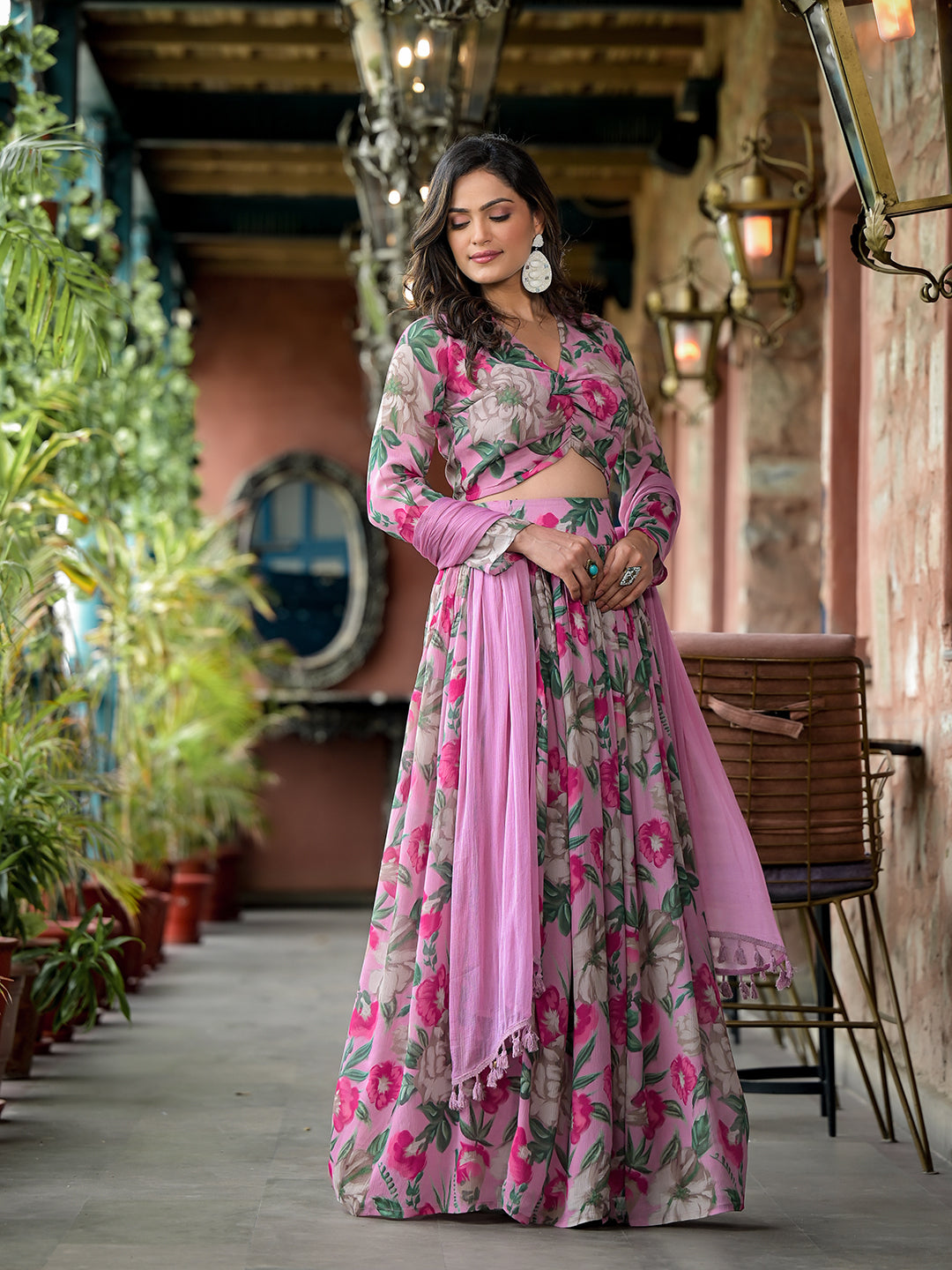 Blush Pink Floral Print Chinnon Lehenga Choli With Dupatta - Elganza