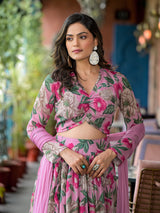 Blush Pink Floral Print Chinnon Lehenga Choli With Dupatta - Elganza