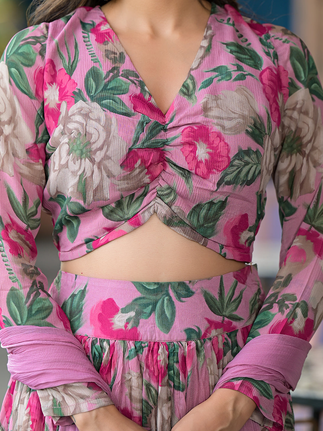 Blush Pink Floral Print Chinnon Lehenga Choli With Dupatta - Elganza