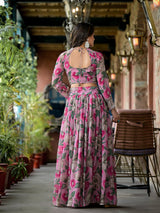 Blush Pink Floral Print Chinnon Lehenga Choli With Dupatta - Elganza