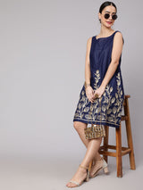 Navy Blue Embroidered Shift Dress - Elganza